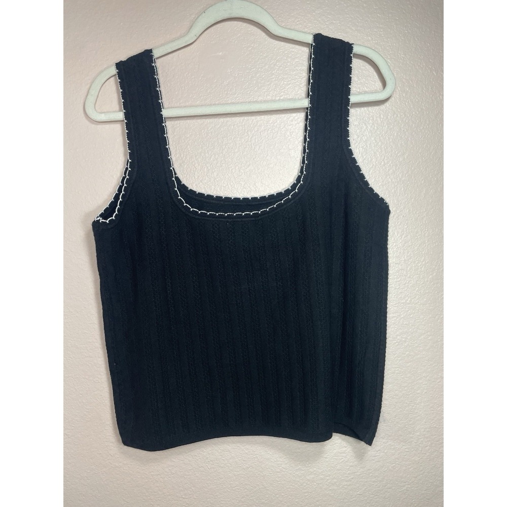 Industry Ribbed Knit Tank Top Black Contrast Stitch Square Neck Stretch - Picture 2 of 7